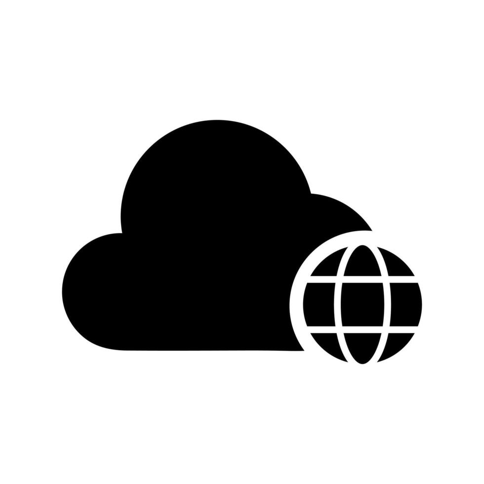Public cloud icon. Cloud shape with globe solid black icon. Cloud database, internet data technology concept vector