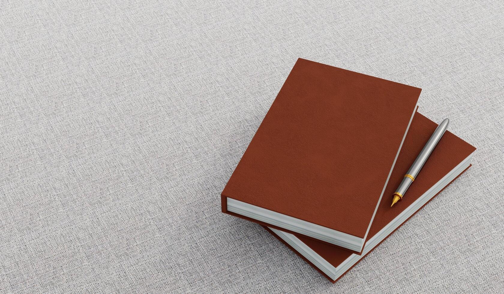 Blank notebook with pen, Live view of blank notebook and ballpoint pen with background. Book cover sample, Workspace on desk, Top view of realistic notebook. 3D render. photo