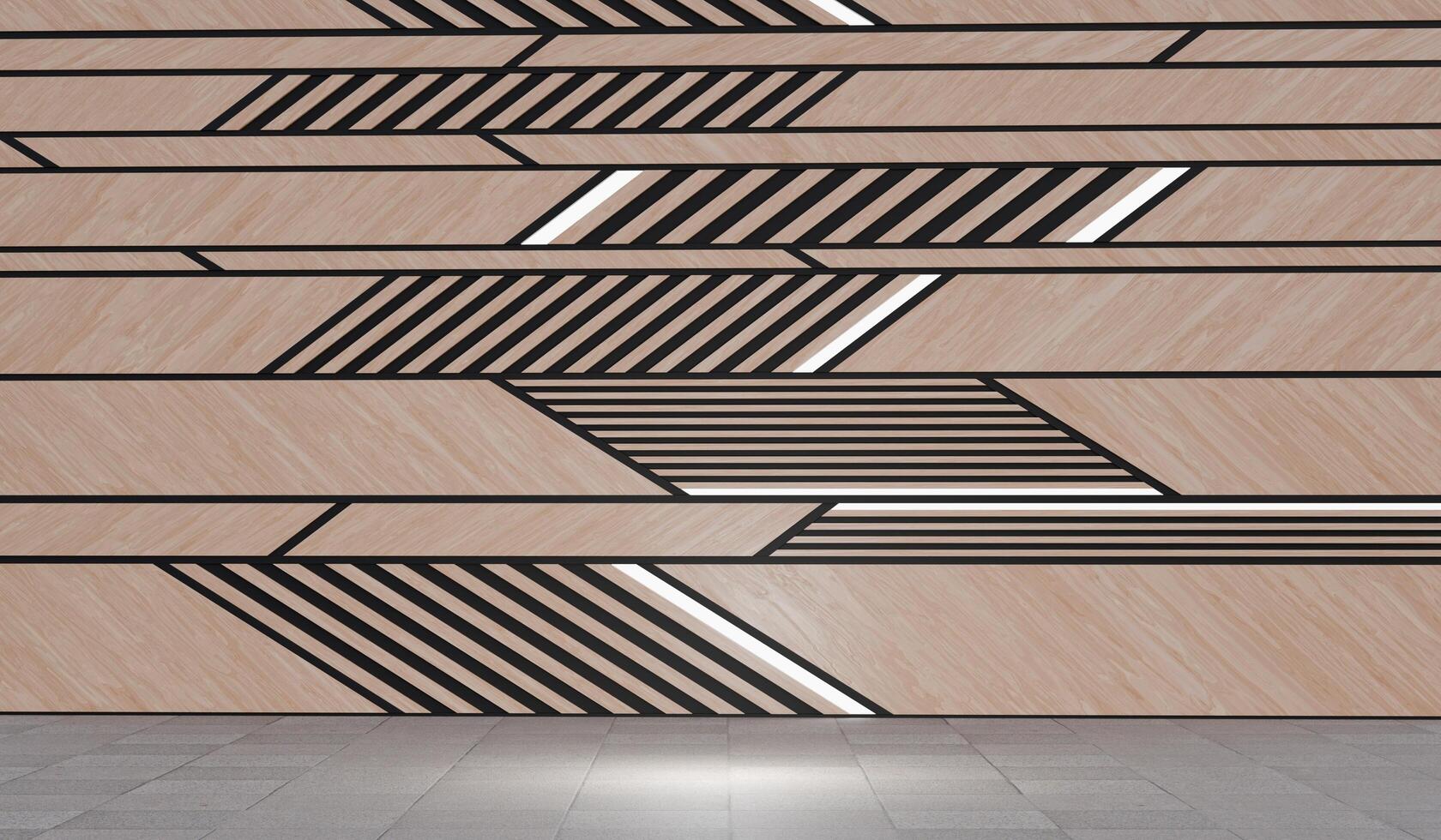 Empty room decorated with wooden slat walls, hiding warm white lights on the ceiling, modern floor and wall scenes. Modern room, minimalist empty space with wooden slat walls 3D illustration. photo