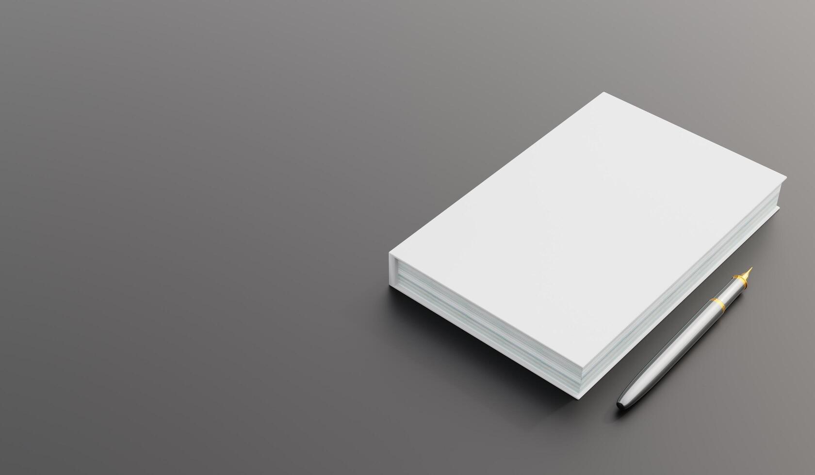 Blank notebook with pen, Live view of blank notebook and ballpoint pen with background. Book cover sample, Workspace on desk, Top view of realistic notebook. 3D render. photo