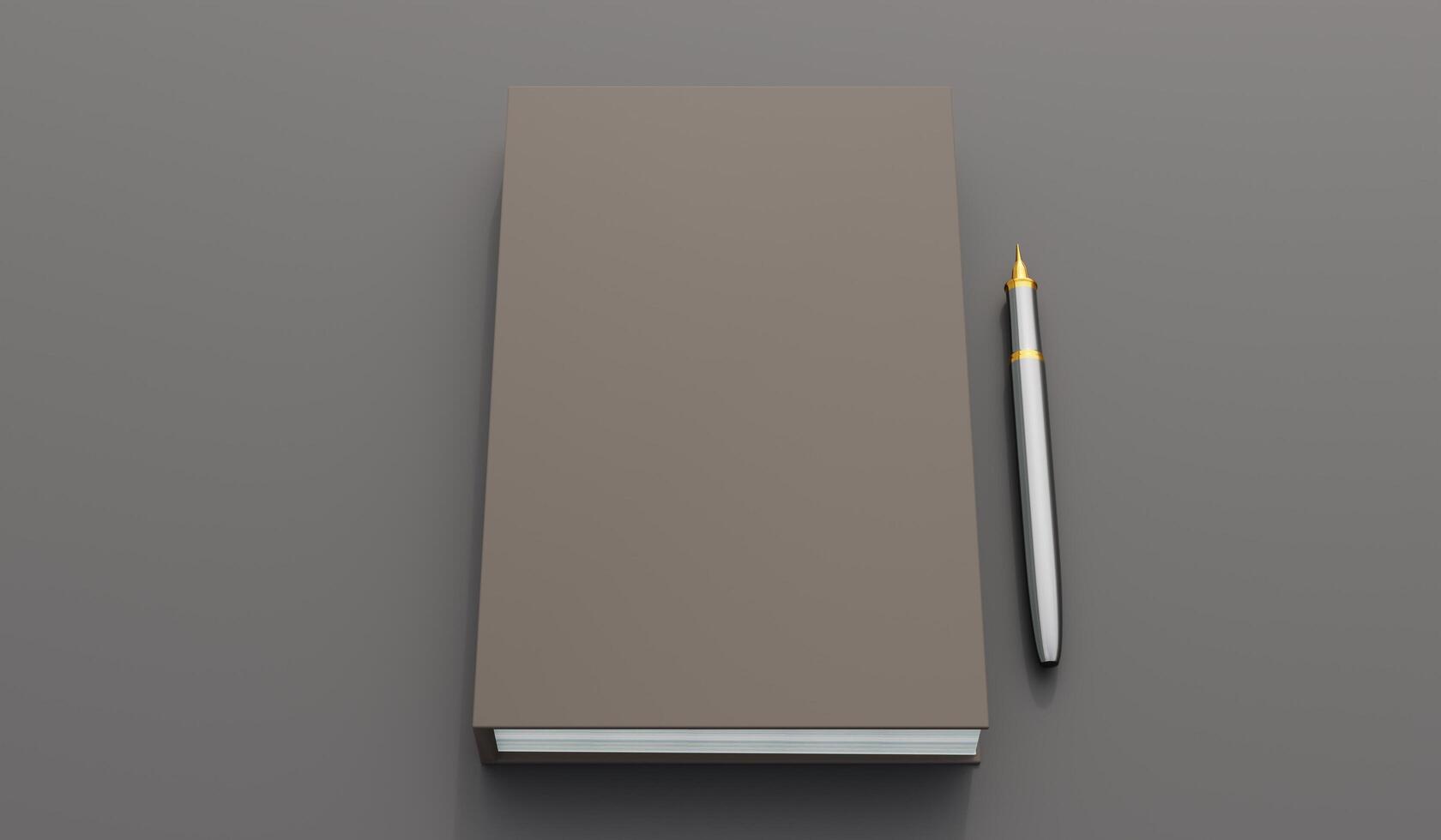 Blank notebook with pen, Live view of blank notebook and ballpoint pen with background. Book cover sample, Workspace on desk, Top view of realistic notebook. 3D render. photo