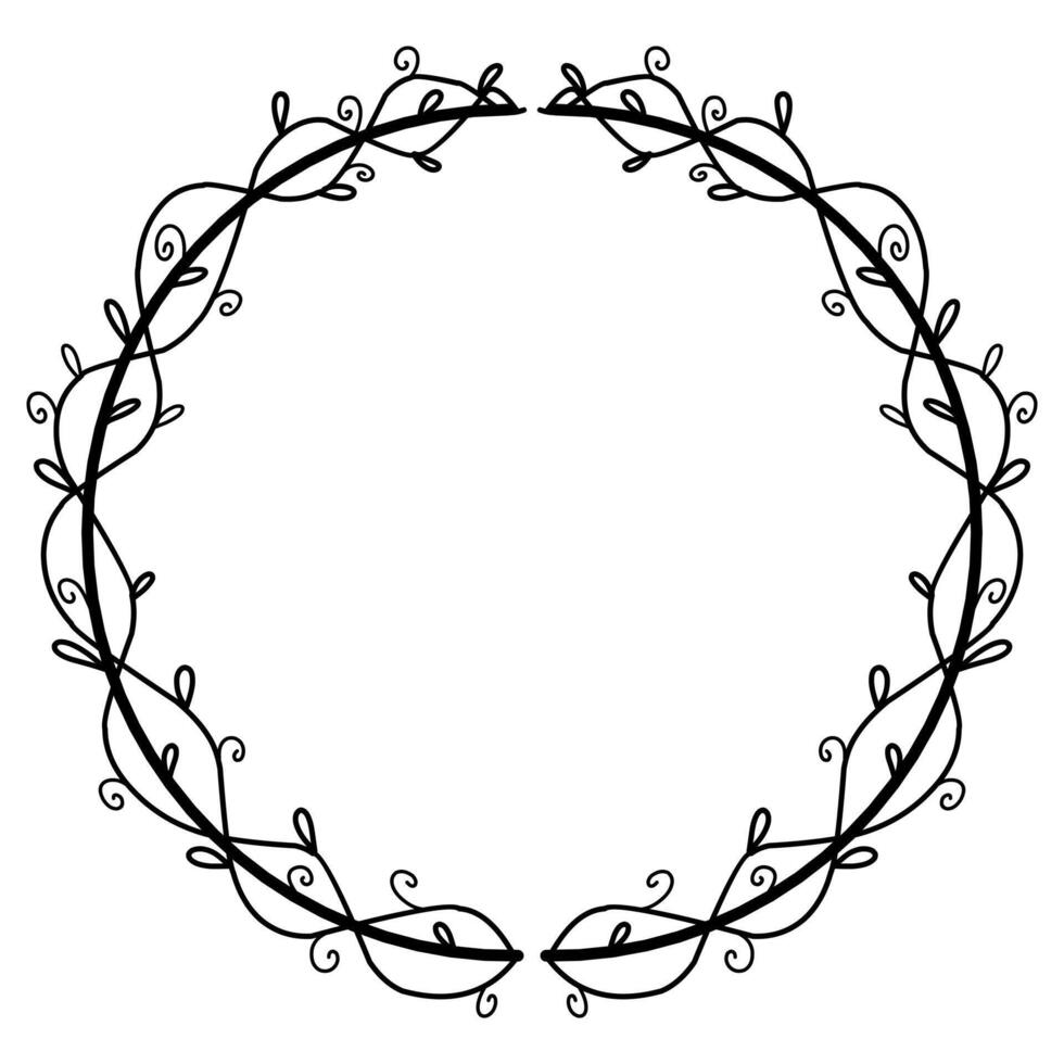 Beautiful wreath with foliage and twigs. Elegant border design, decoration element. Floral frame with linear leaves in a circle. Illustration, doodle vector