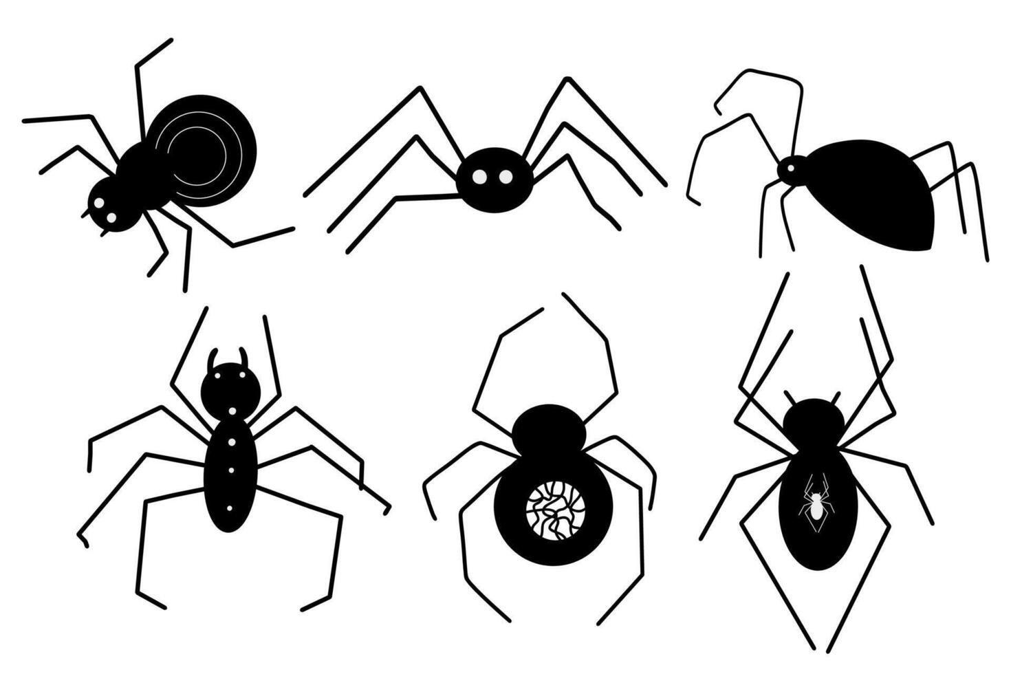 Set of spiders, hand drawn illustrations of spiders, black and white, silhouettes vector