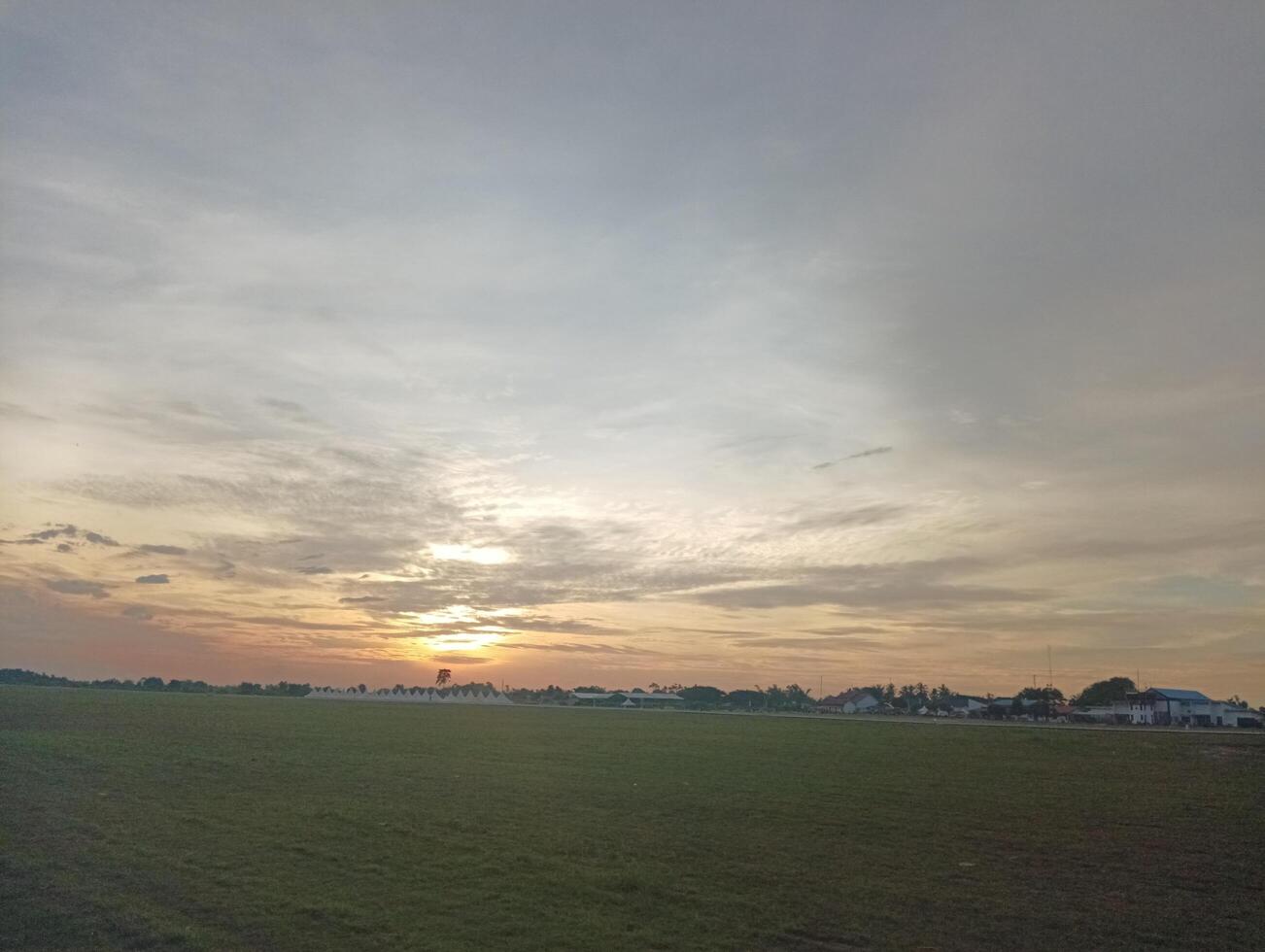 Sunset over a grassy field with distant buildings and trees photo
