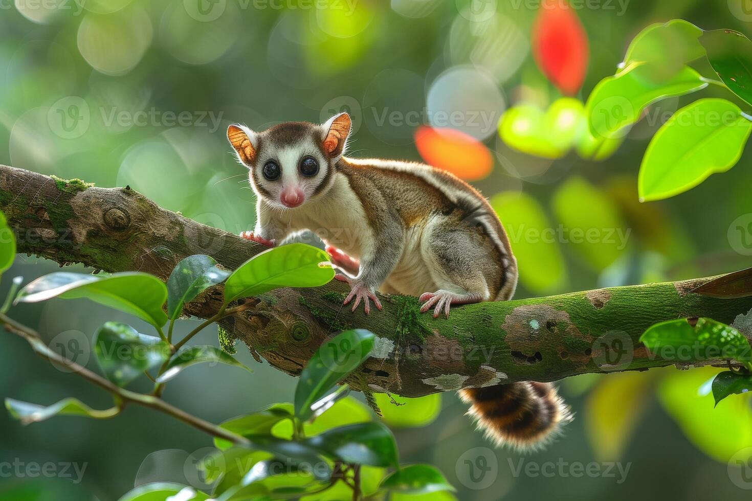 A sugar glider sits on a branch in the forest photo
