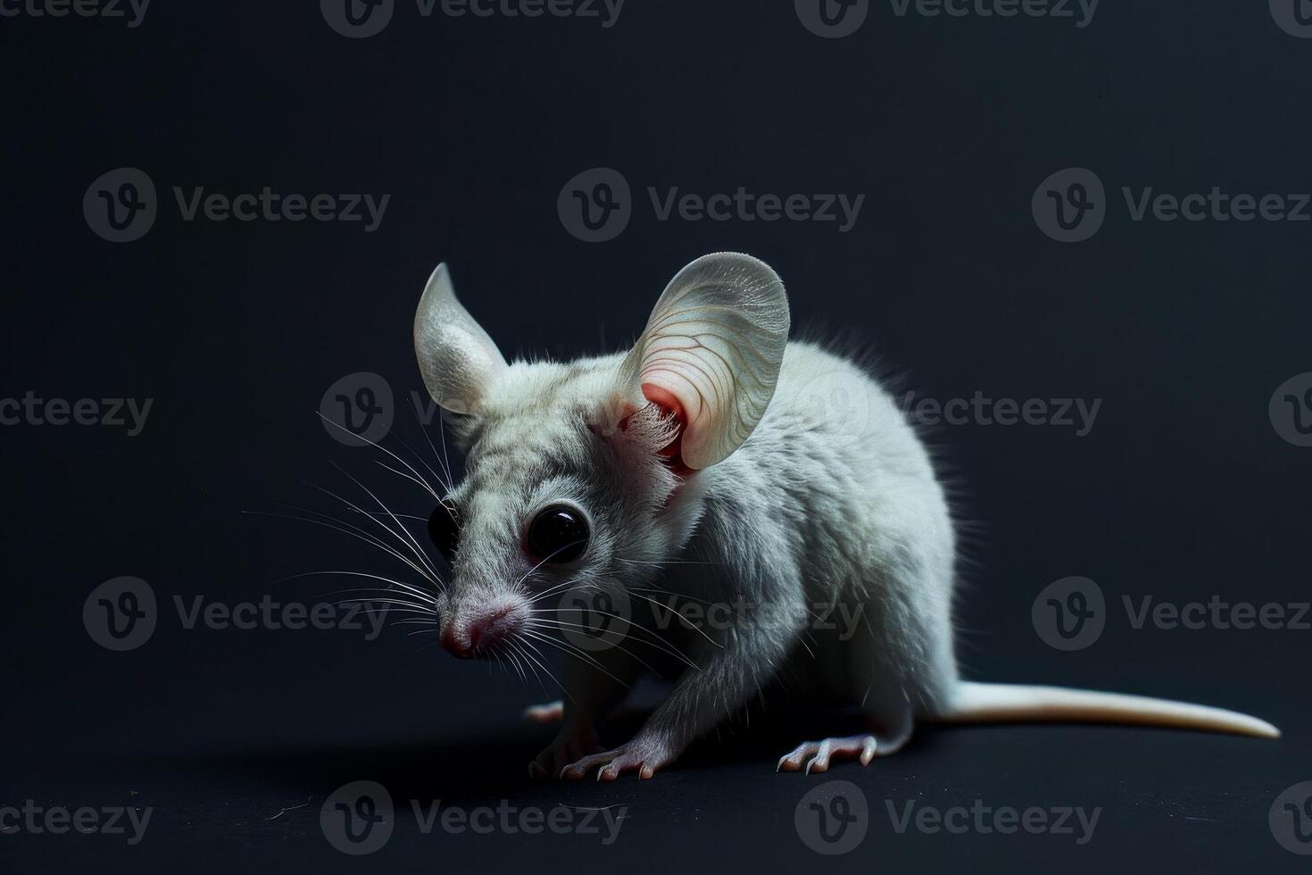 A white mouse with big ears standing on a black background photo