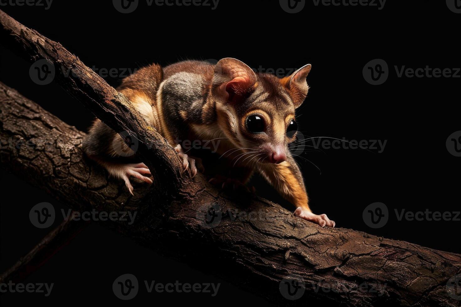 A sugar glider is sitting on a branch photo