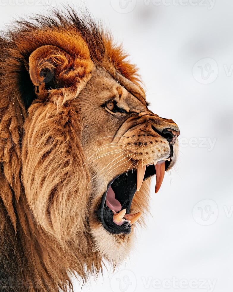 A lion roaring in the snow photo