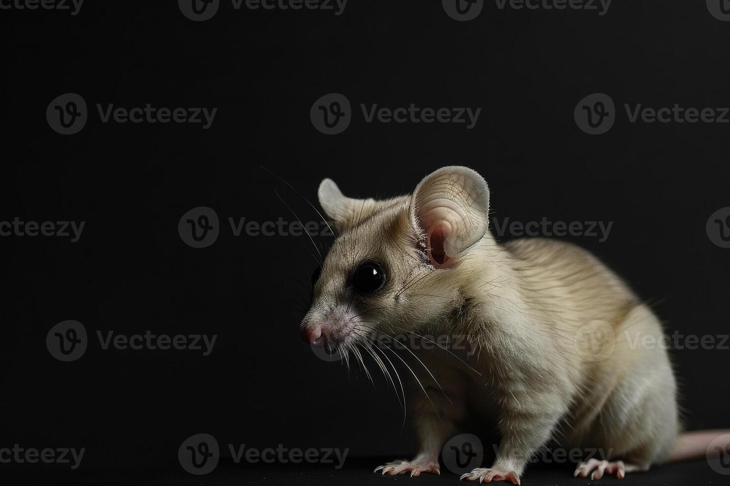 A white mouse is standing on a black background photo