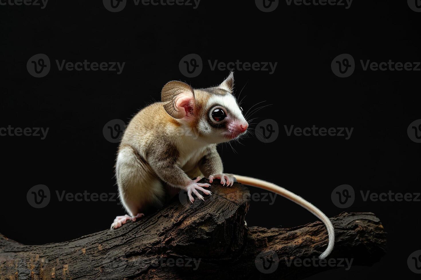 A sugar glider is sitting on a branch photo
