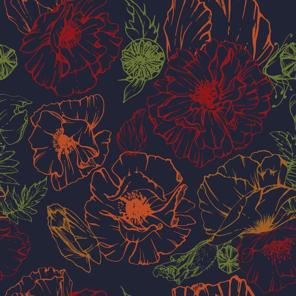 Hand drawn graphic botanical illustration flowers leaves. Red poppy papaver, stems buds seedpods. Seamless pattern isolated dark background. Design wedding, paper, remembrance day stationery vector