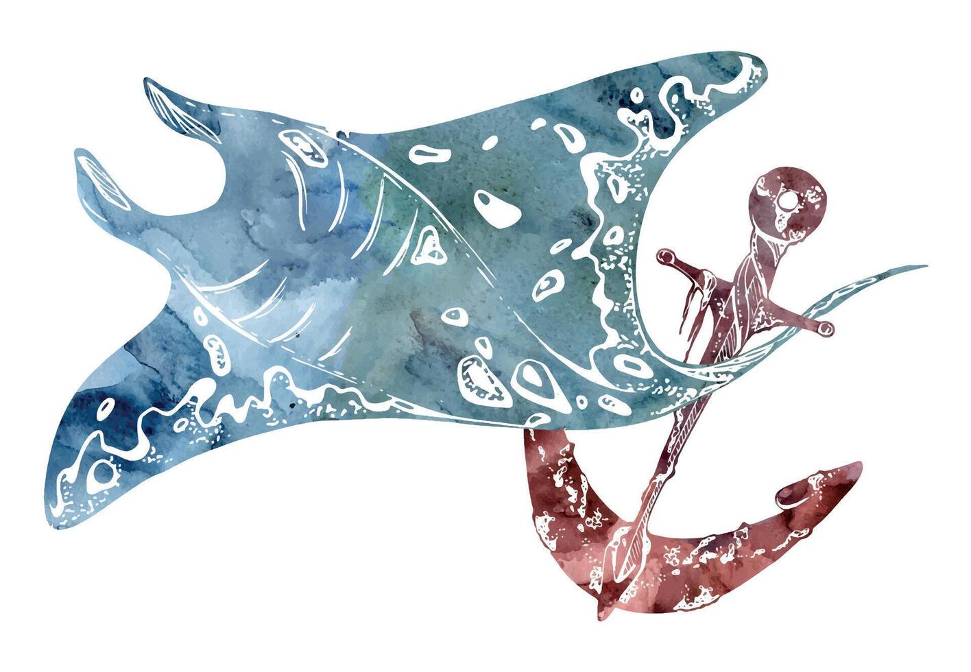 Watercolor and ink hand drawn marine life, sea ocean underwater creatures. fish, shells algae seaweed. Composition illustration, stylized, isolated on white. For zoo shop, aquarium, cosmetics, resort vector