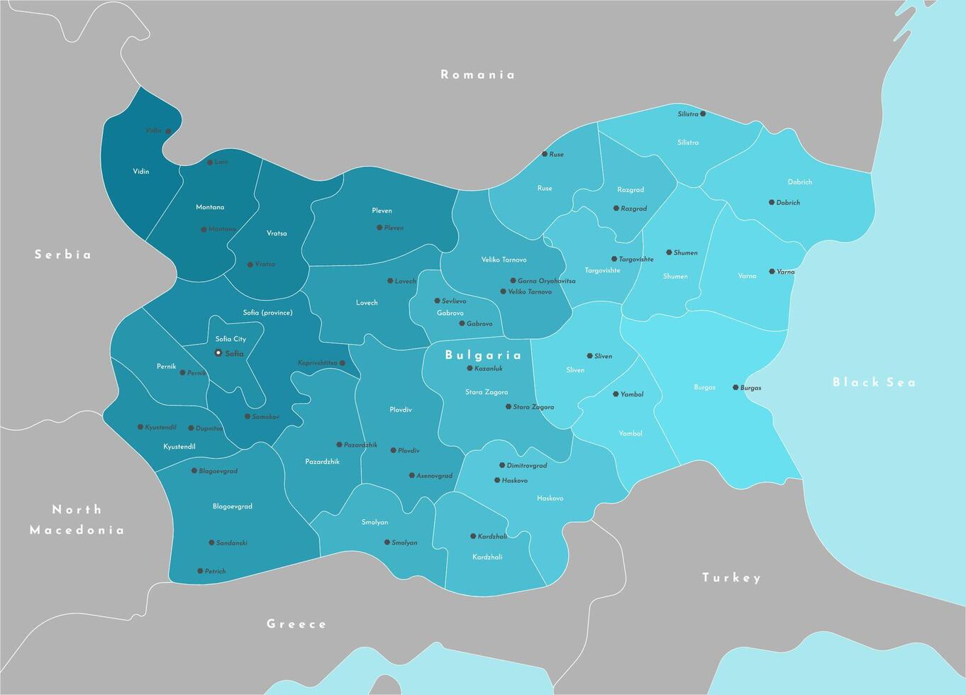 modern illustration. Simplified administrative map of Bulgaria. Border with nearest states Sebia, Greece and etc. Blue background of Black sea. Names of cities and provinces vector