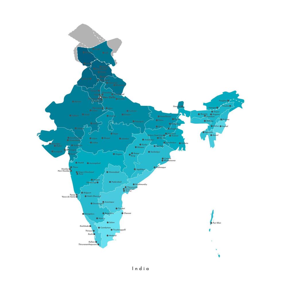 modern isolated illustration. Simplified administrative blue map of India. White background. Names of big cities like New Delhi, Mumbai and regions borders vector