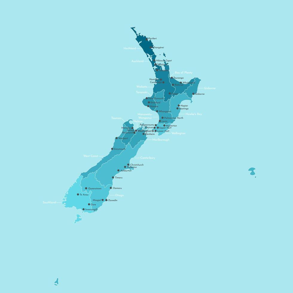 modern illustration. Simplified administrative map of New Zealand. Border of regions. Names of cities and provinces. Blue background of seas. vector