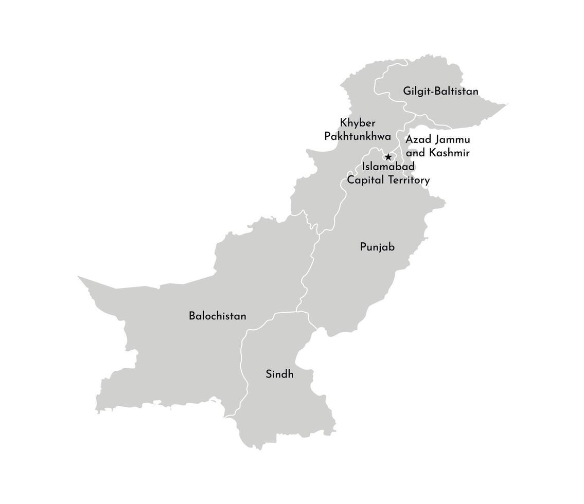 isolated illustration of simplified administrative map of Pakistan. Borders and names of the provinces, regions. Grey silhouettes. White outline. vector