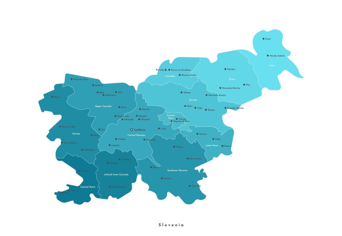 isolated illustration. Simplified administrative map of Slovenia. Blue shapes of regions. Names of cities vector