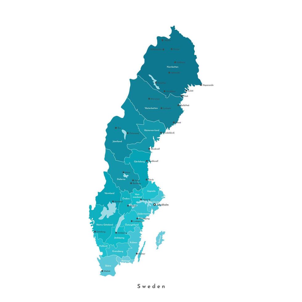 isolated illustration. Simplified administrative map of Sweden. Blue shapes of regions. Names of swedish cities Malmo, Gothenburg and provinces vector