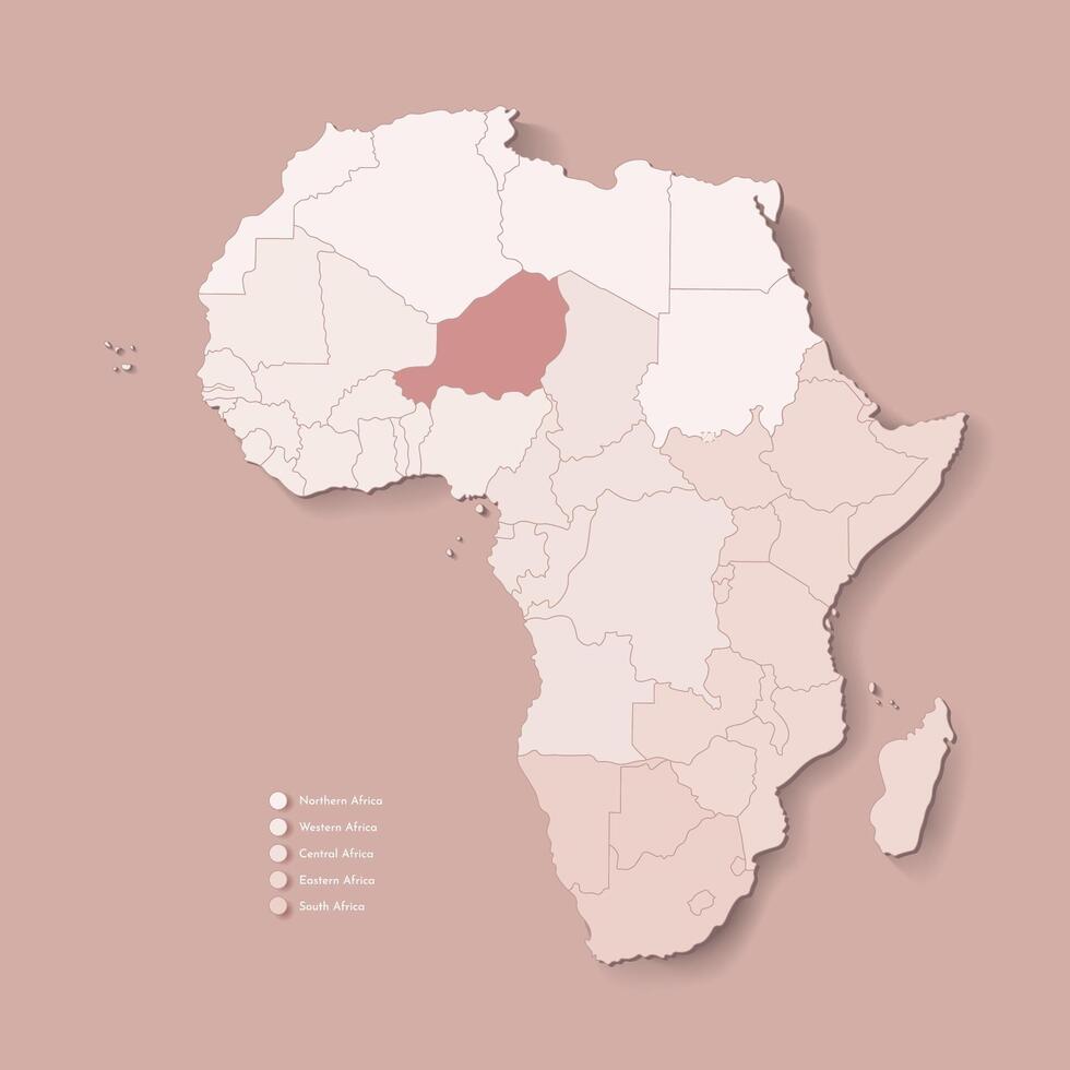 Illustration with African continent with borders of all states and marked country Niger. Political map in brown colors with western, south and etc regions. Beige background vector