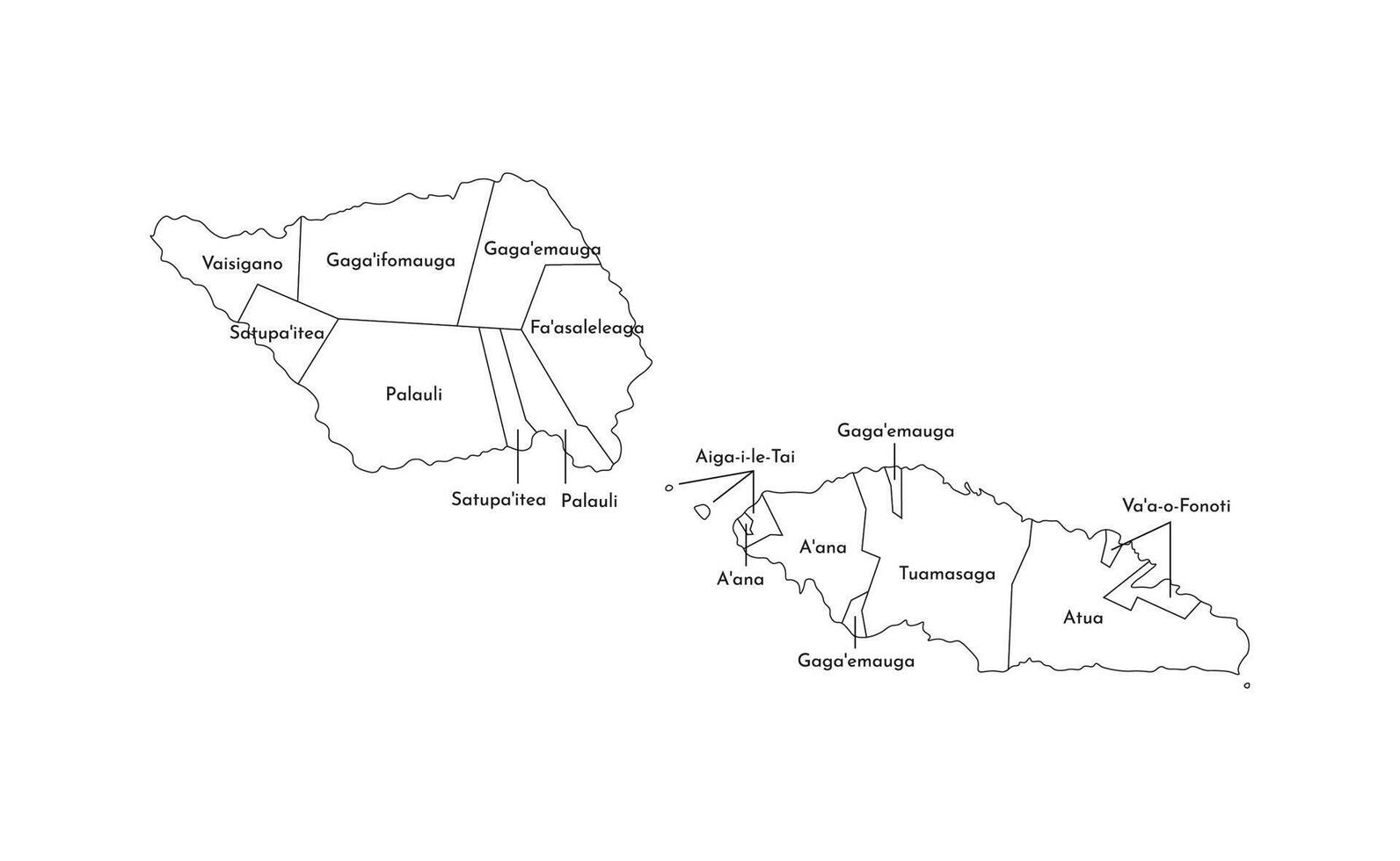isolated illustration of simplified administrative map of Samoa. Borders and names of the districts, regions. Black line silhouettes. vector