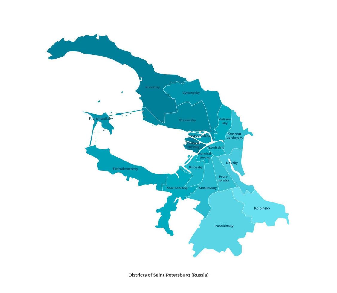 modern isolated illustration. Simplified administrative map of Saint Petersburg in Russia in blue colors. Names of districts in english language vector