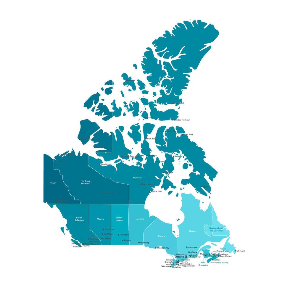 modern illustration. Simplified isolated administrative map of Canada in blue colors. White background and outline. Names of the cities Ottawa, Toronto and etc. and canadian provinces. vector