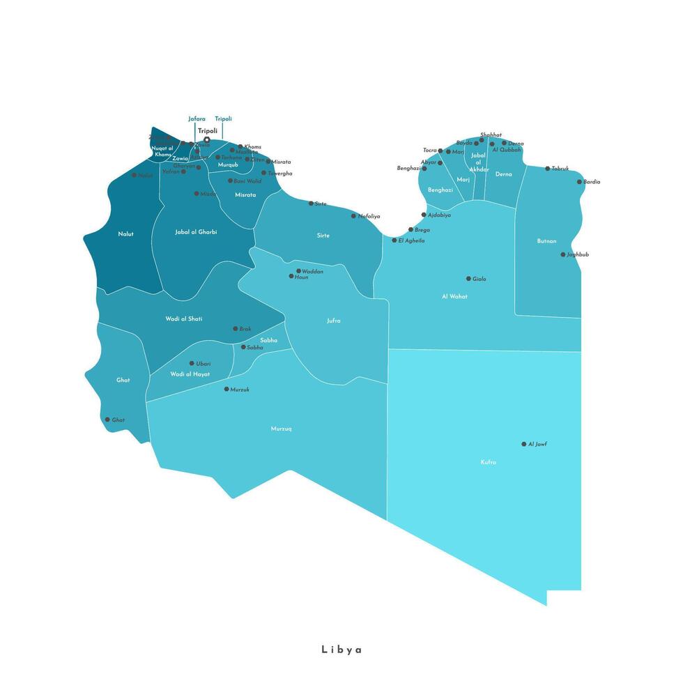 modern isolated illustrationin blue colors. Simplified administrative map of Libya. Names of capital, cities and regions vector