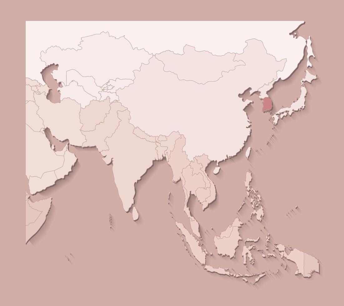 illustration with asian areas with borders of states and marked country South Korea. Political map in brown colors with regions. Beige background vector