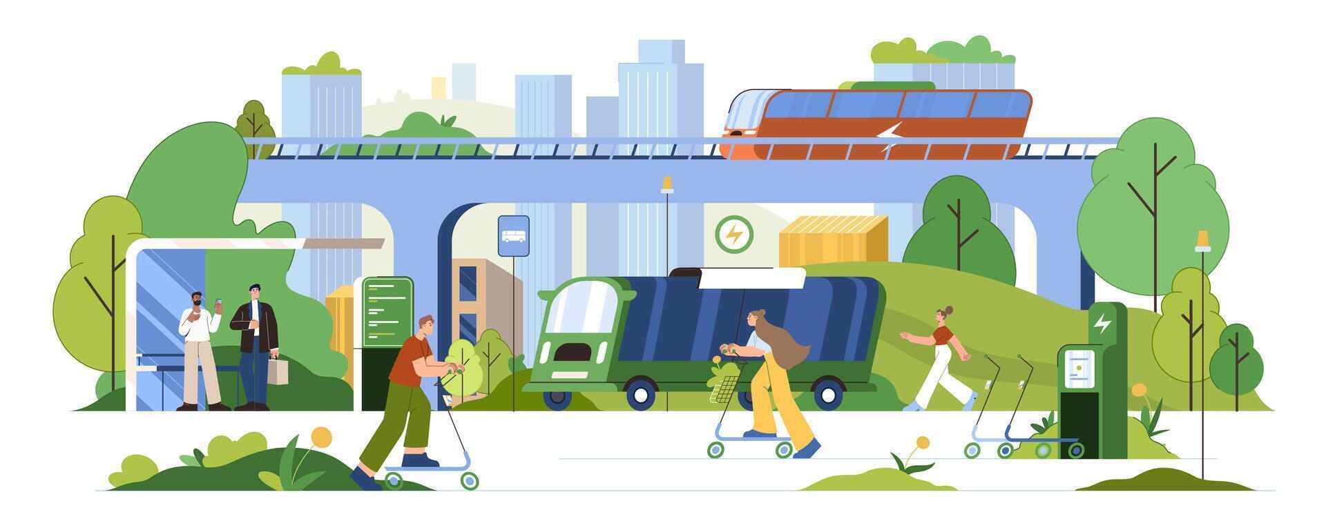 Sustainable transportation concept. Flat people use electric bus, eco friendly or ecological modes of public transport. Characters rent kick scooters, walk and lead active lifestyle in modern city. vector