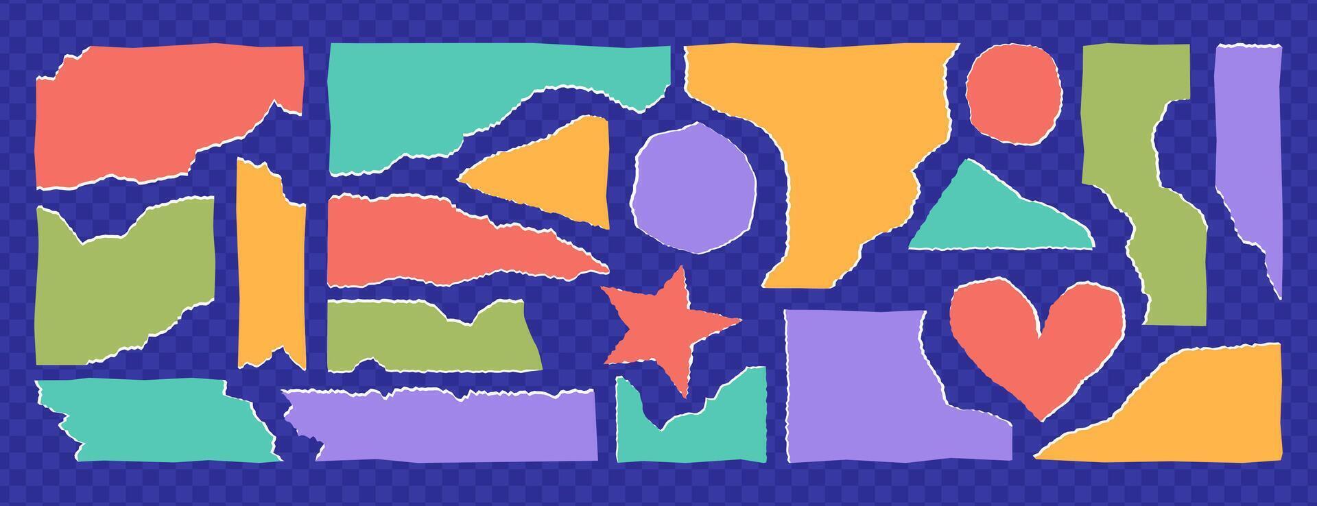 Colorful torn paper set. Pieces of crumpled note sheet with jagged edges. Grunge rectangle or circle frames, header shapes with wavy borders. Geometric simple form silhouettes of old tear page strips vector