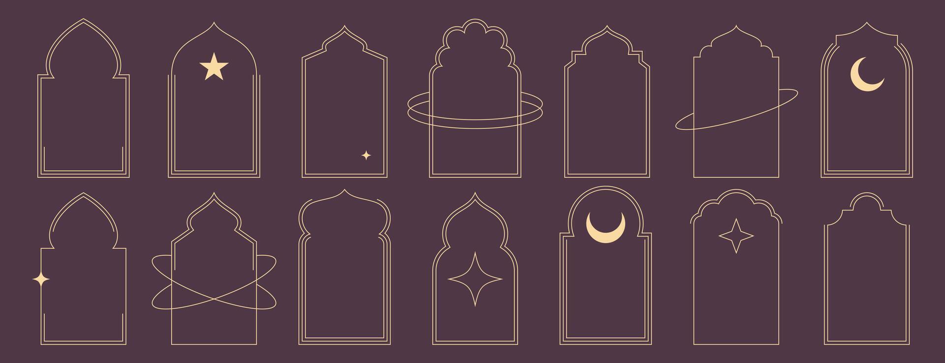 Set of islamic frame shapes. Trendy boho thin line art arabic arches. Geometric minimalist aesthetic linear window, simple border, arabian mosque arcs with stars, crescent. Eid mubarak door silhouette vector