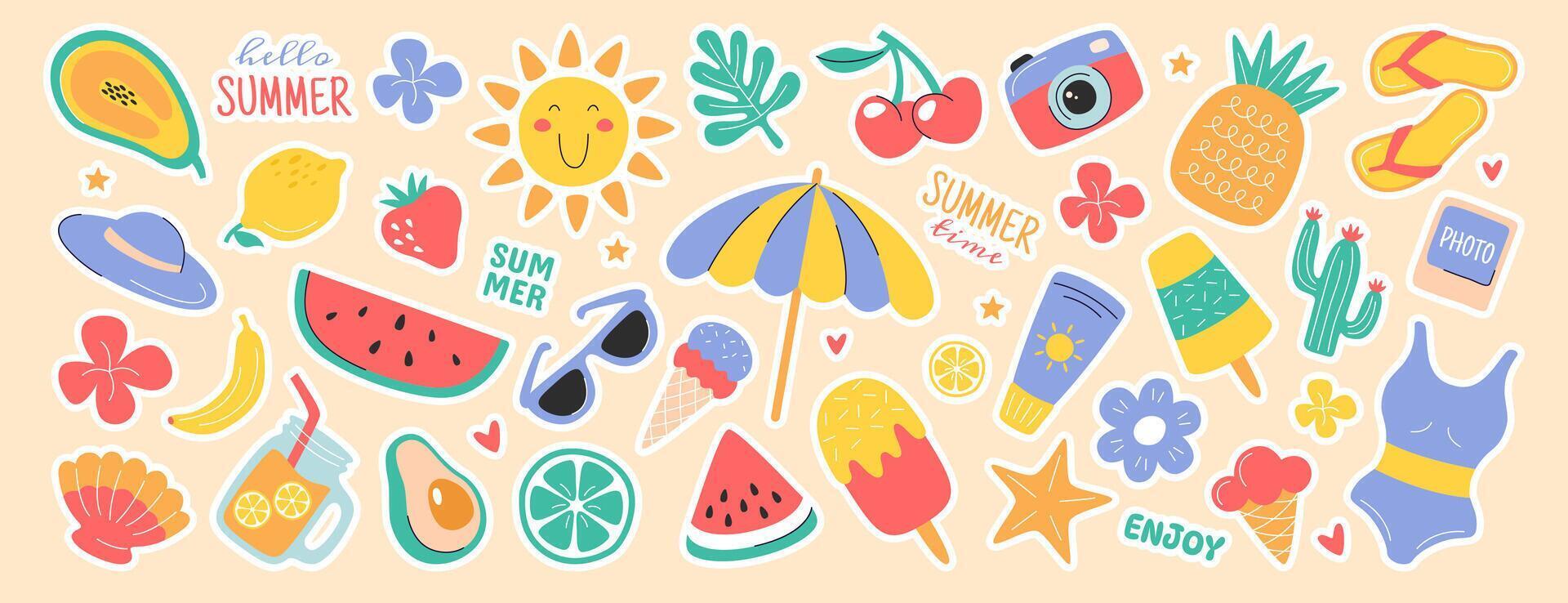 Cute summer sticker set for daily planner, notebook. Diary journal labels, scrapbook tropical vacation icons with exotic fruits, parasol, drinks, ice cream, shell, sun umbrella, sea beach memo element vector