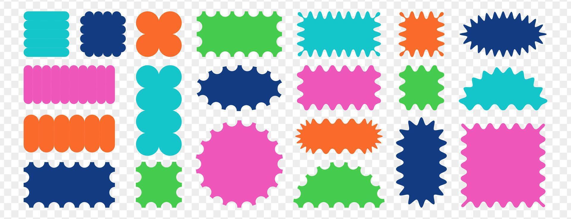 Color jagged geometric shapes. Scallop rectangle, semicircle and oval frames with wiggly borders. Torn paper, serrated stickers or box elements with zig zag edges. Zig zag wavy labels or curved badges vector