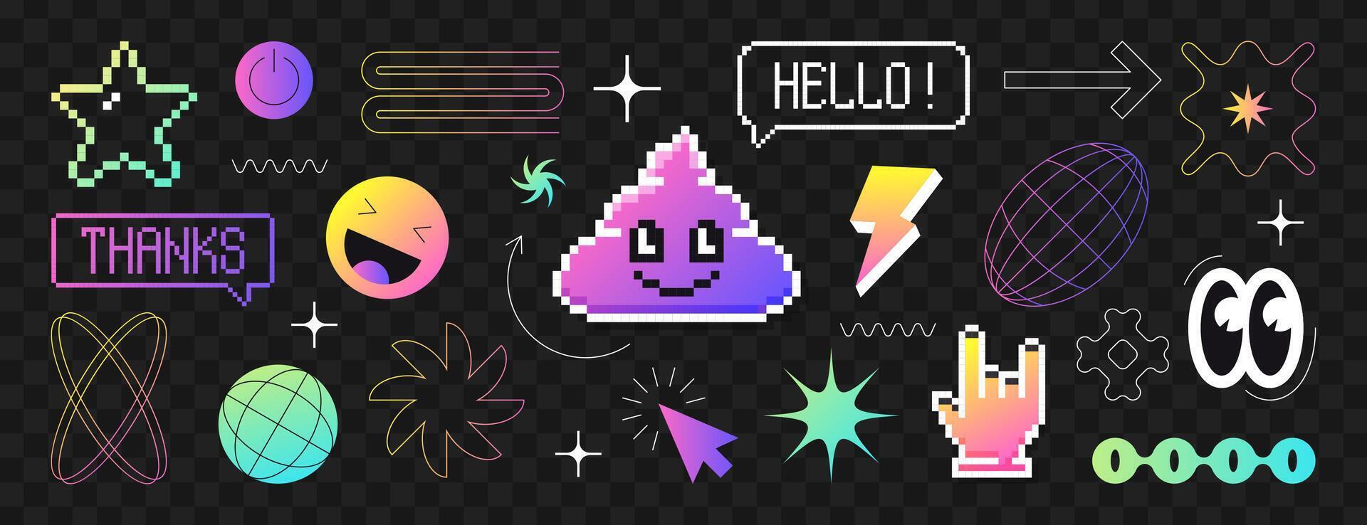 Y2k pixel icons in 8bit retro style. Pixelated gradient smile face, arrow, poop sticker, aesthetic lines, wireframe grid shapes. Rock hand sign, power button, speech bubbles with word thanks and hello vector
