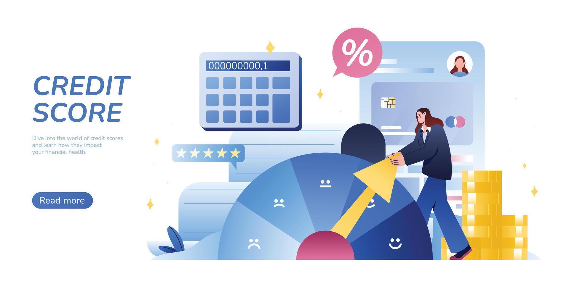 Flat businesswoman try to improve credit score. Character pulling speedometer arrow from bad to good level of creditworthiness for loan, mortgage. Gauge meter, bar indicator, scale range landing page. vector
