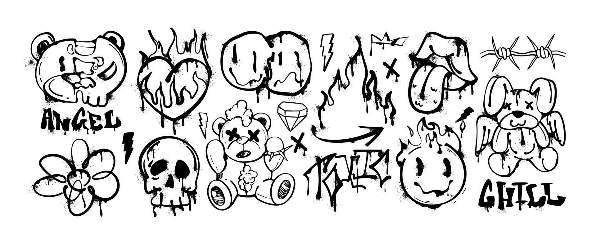 Drip spray paint graffiti elements of bear, fire heart, open mouth and tongue, rock flame, melting smile faces emoji and skull icon. Graphic grunge ink symbols, slogan or black street art drop sticker vector