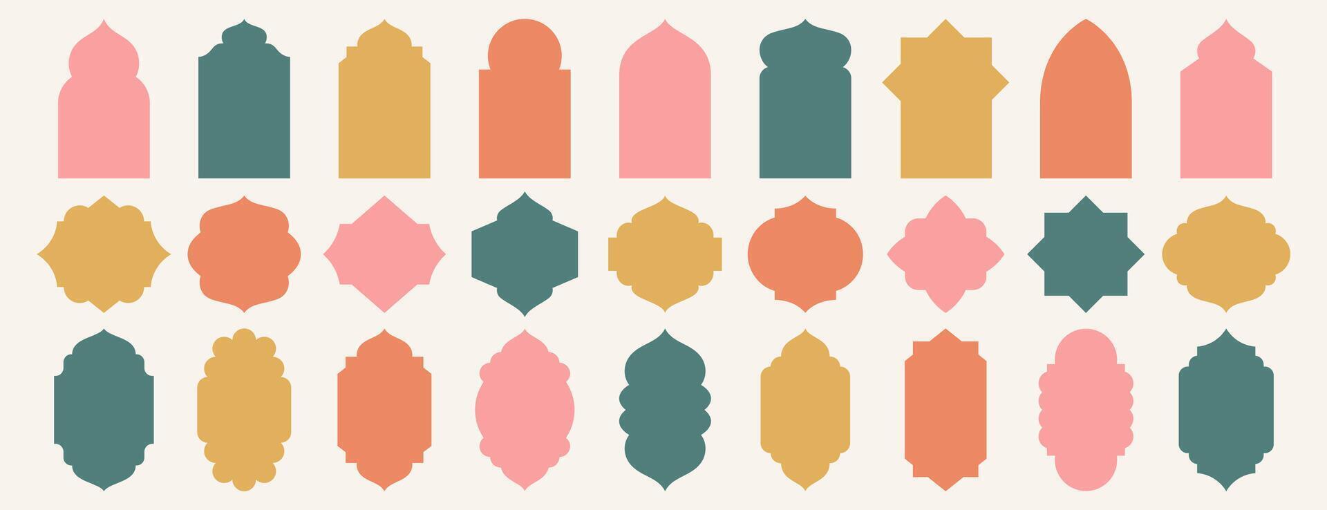 Old mosque windows shape in oriental style. Islamic door set, flat arabic frames or arabian arches silhouette. Muslim architecture geometric design elements, moroccan minimal arcs. Ramadan kareem gate vector