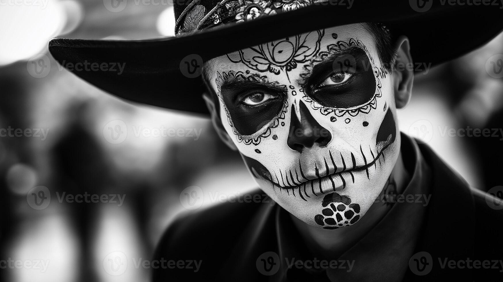 El Dia de Muertos themed photo of man in costume with red and orange flowers and skeleton mask on carnival, Day of the Dead male photography