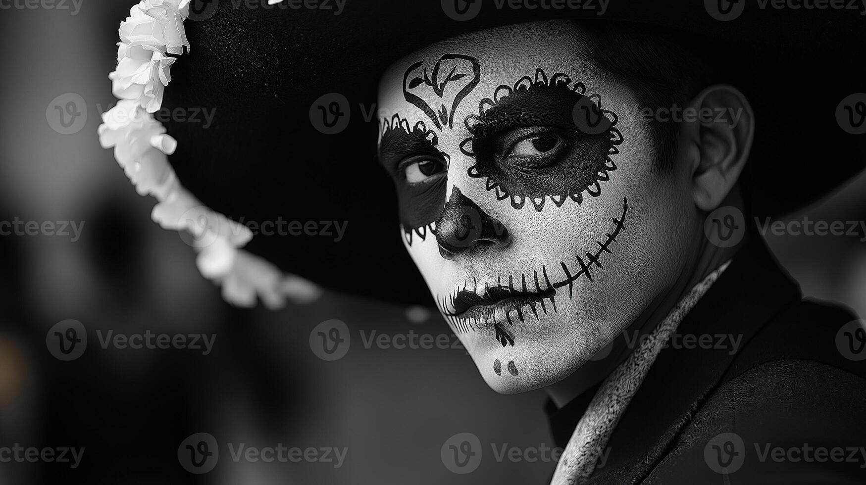 El Dia de Muertos themed photo of man in costume with red and orange flowers and skeleton mask on carnival, Day of the Dead male photography
