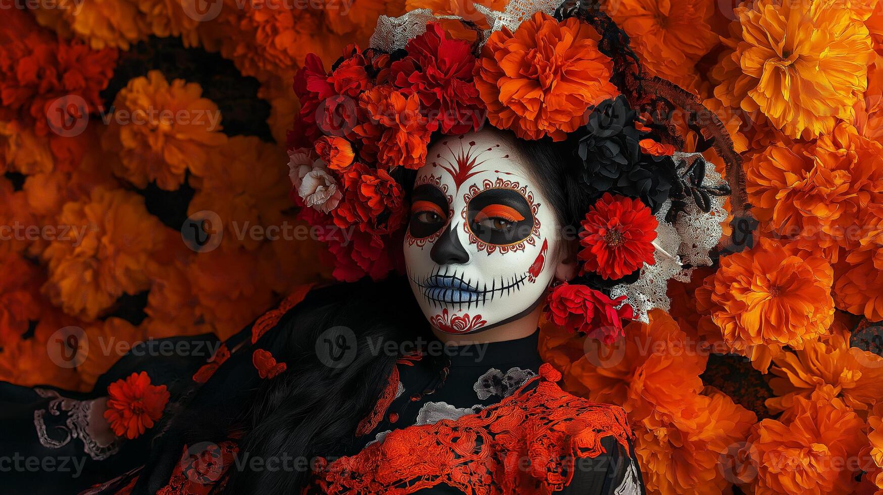 El Dia de Muertos themed photo of woman in costume with red and orange flowers and skeleton mask on carnival, Day of the Dead female photography