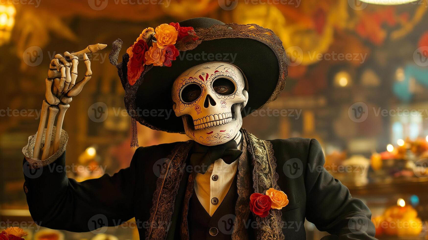 El Dia de Muertos themed photo of man in costume with red and orange flowers and skeleton mask on carnival, Day of the Dead male photography