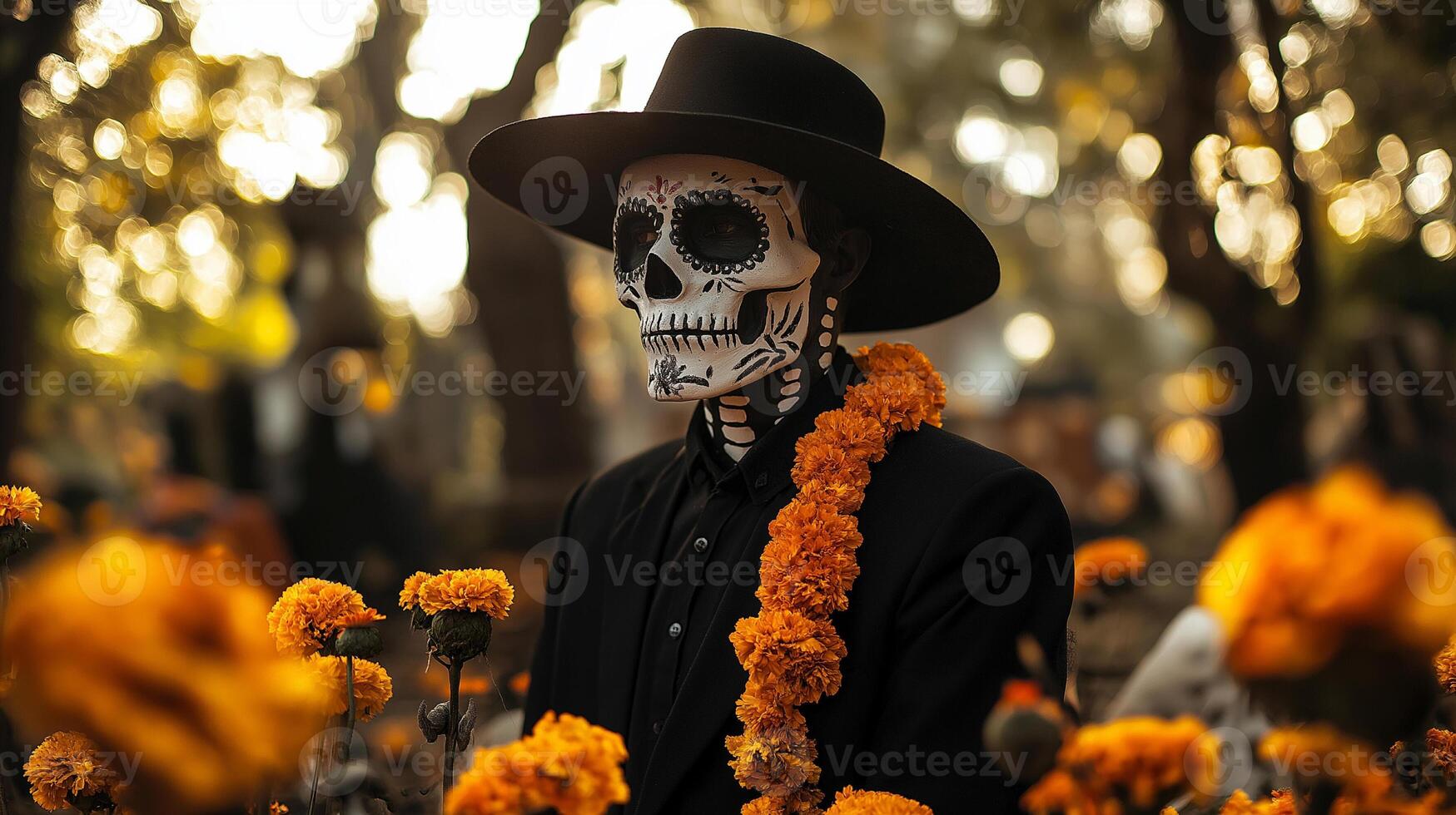 El Dia de Muertos themed photo of man in costume with red and orange flowers and skeleton mask on carnival, Day of the Dead male photography