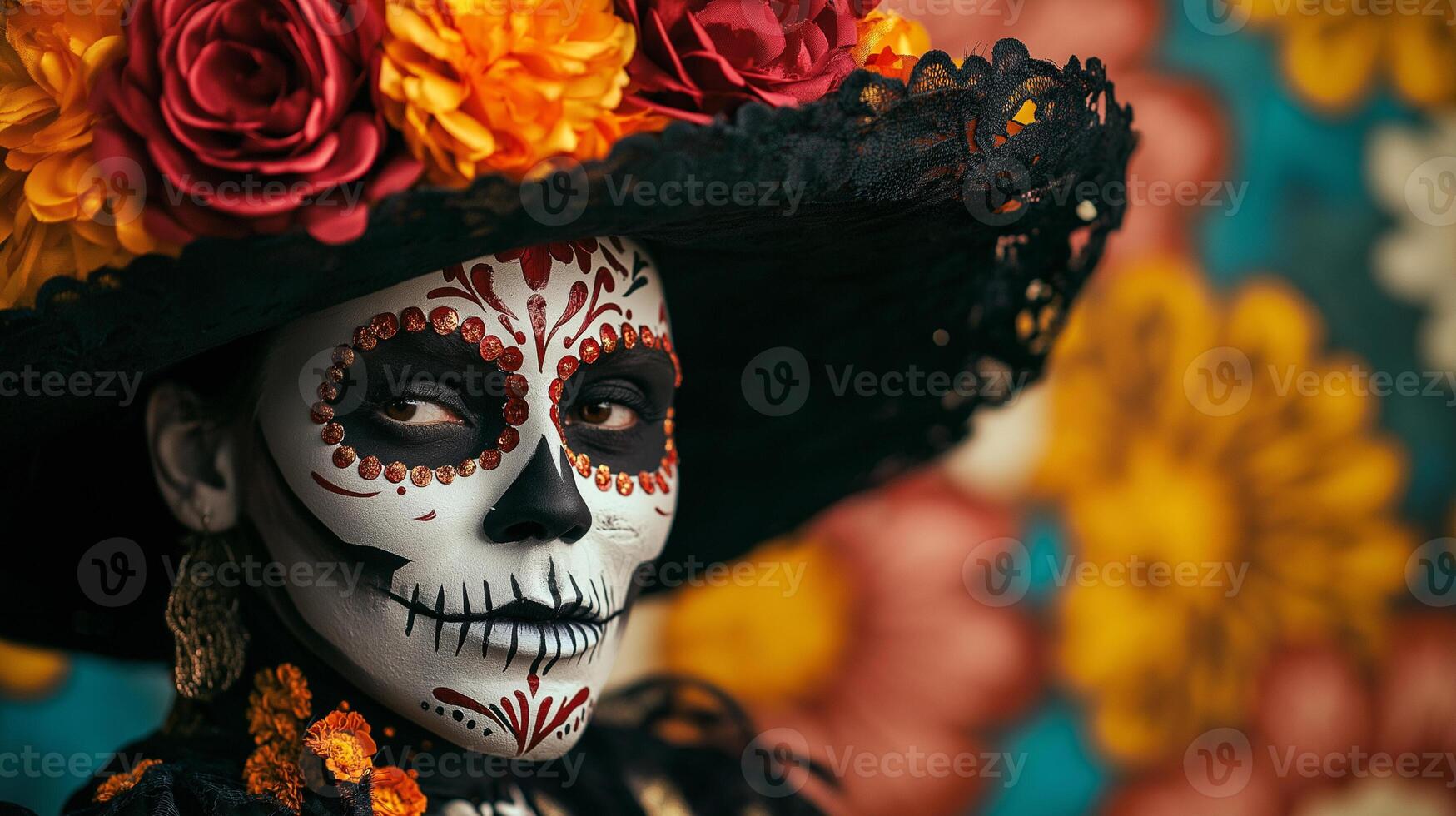El Dia de Muertos themed photo of woman in costume with red and orange flowers and skeleton mask on carnival, Day of the Dead female photography