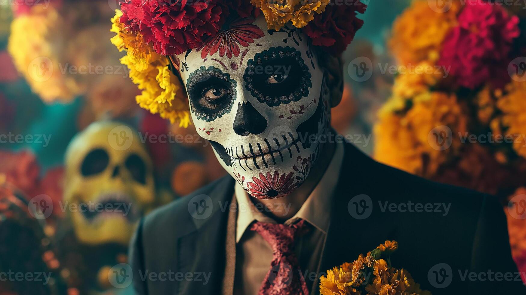 El Dia de Muertos themed photo of man in costume with red and orange flowers and skeleton mask on carnival, Day of the Dead male photography