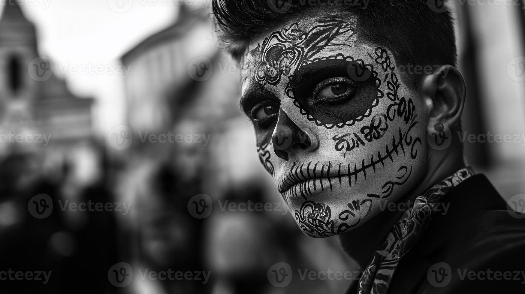 El Dia de Muertos themed photo of man in costume with red and orange flowers and skeleton mask on carnival, Day of the Dead male photography