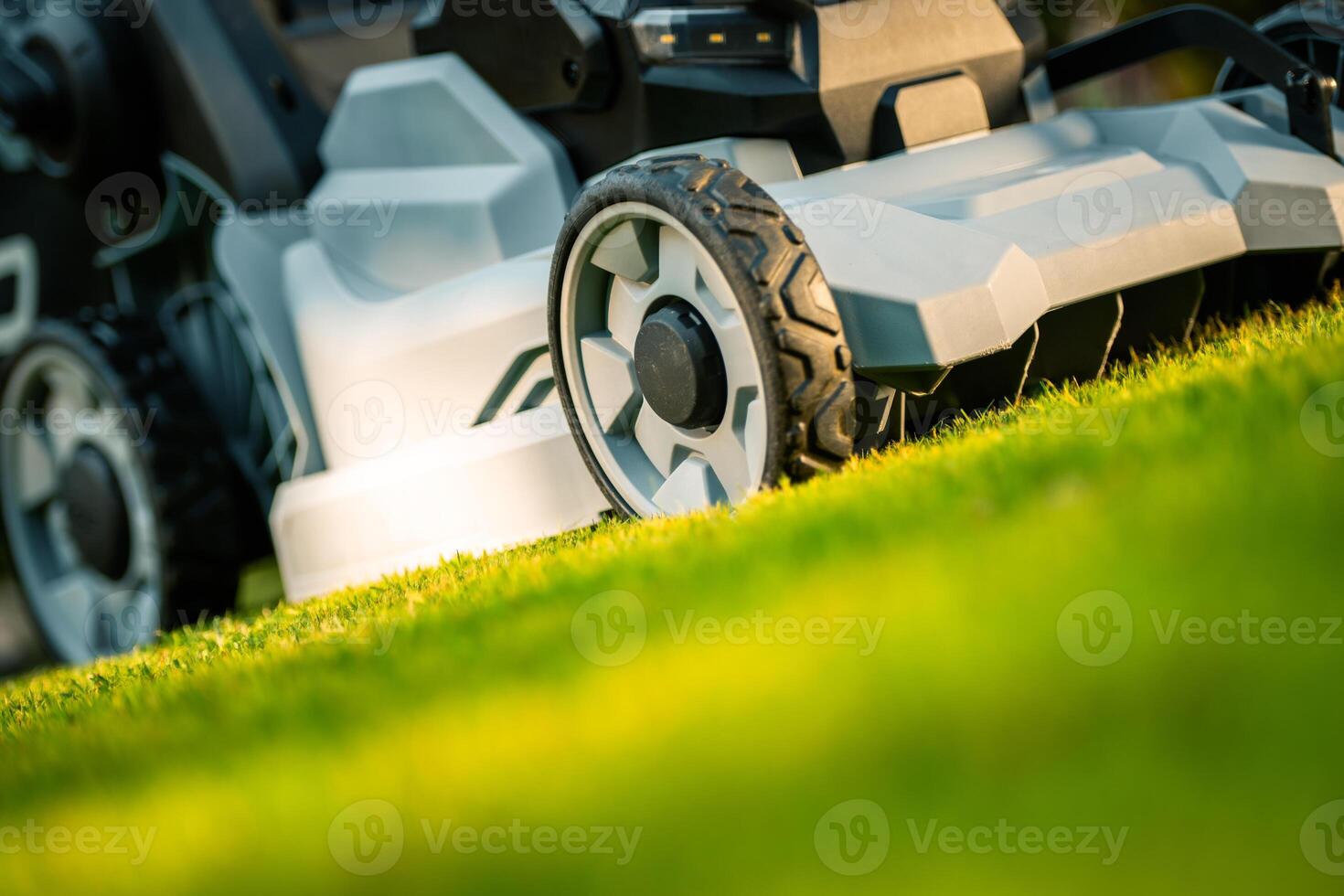 Mowing the Lush Green Lawn With a Modern Electric Lawn Mower in Bright Afternoon Sunlight photo