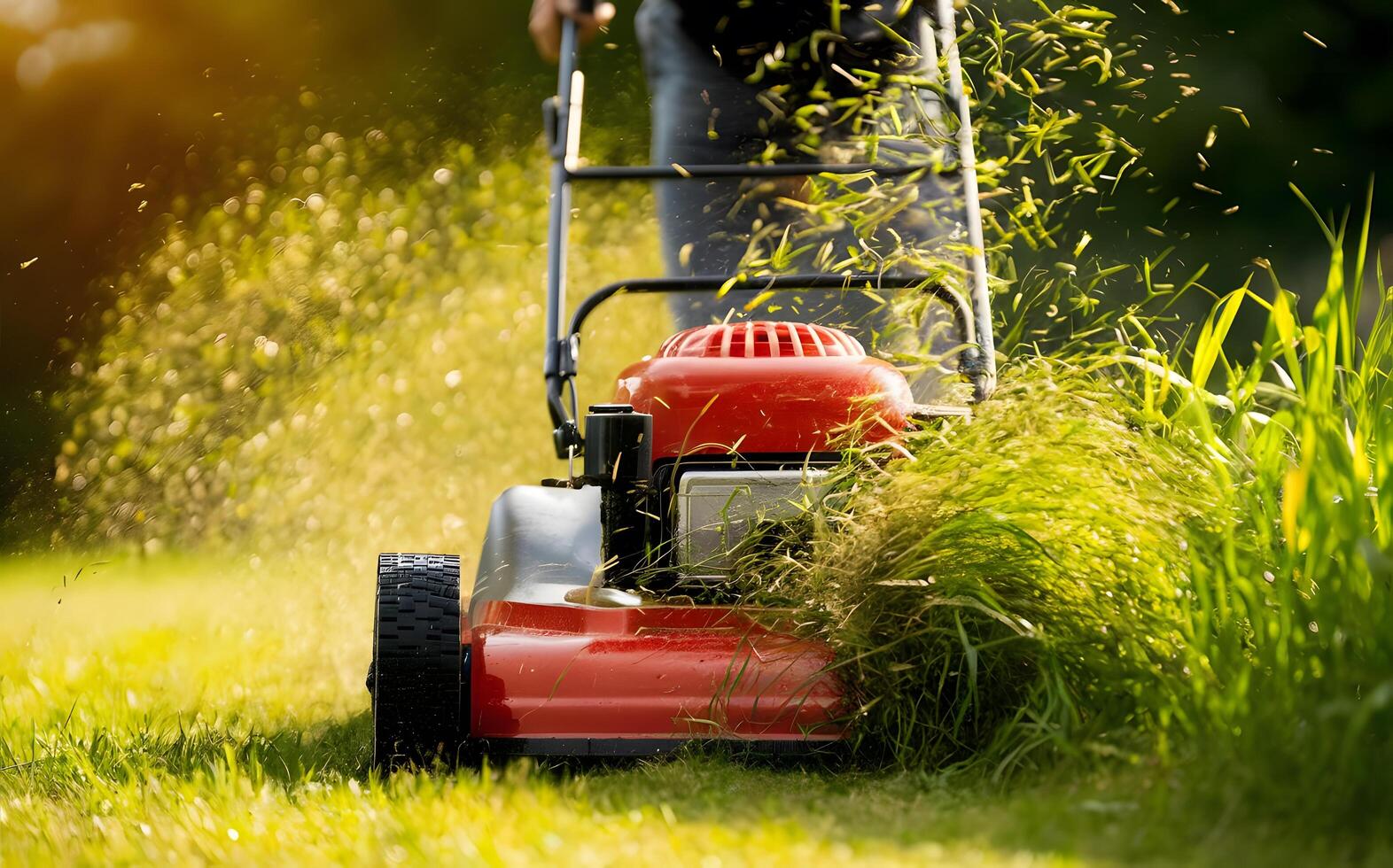 Low Angle Shot of Man Trimming Hedge with Lawnmower in Sunny Backyard photo