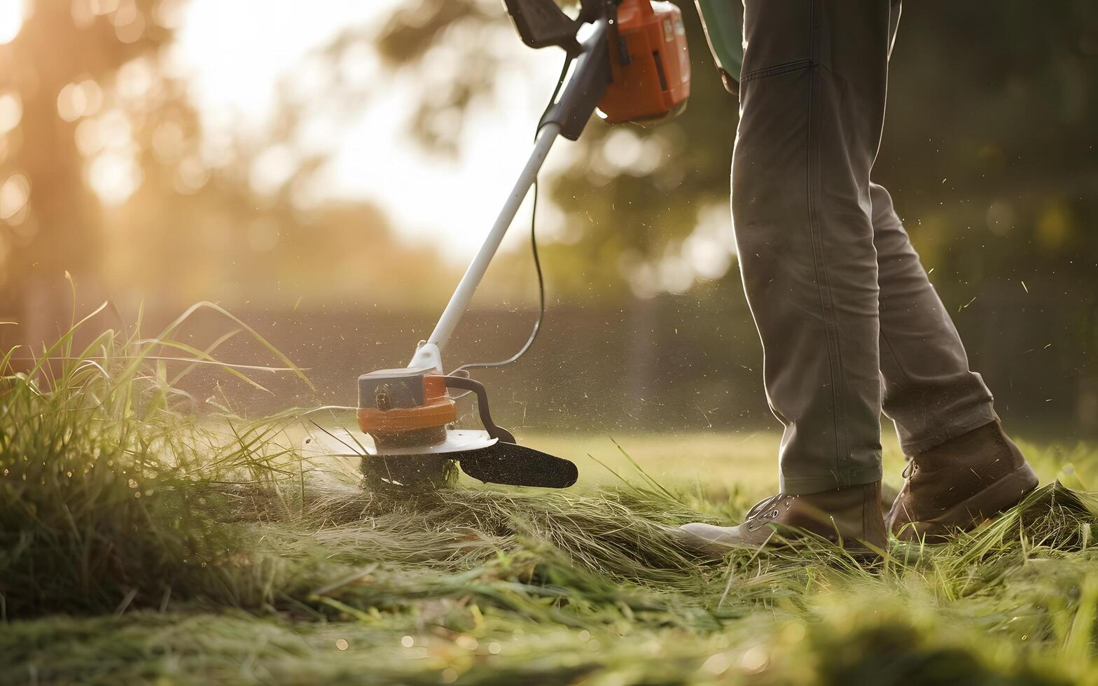 Man Using Electric Trimmer for Lawn Care on Sunny Day photo