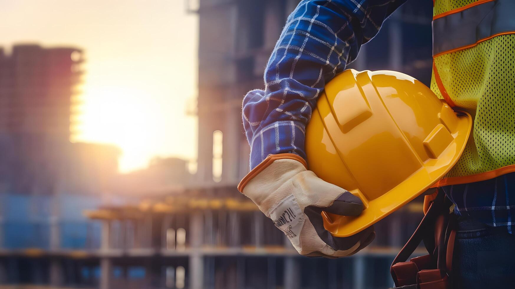 Construction worker or builder holding yellow hard hat closeup detail to hand in protective gloves and helmet photo