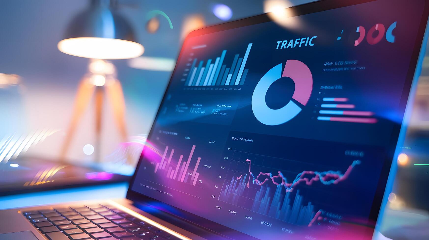 Close-Up of Laptop Screen Showing Colorful Website Traffic Metrics and Analytics photo